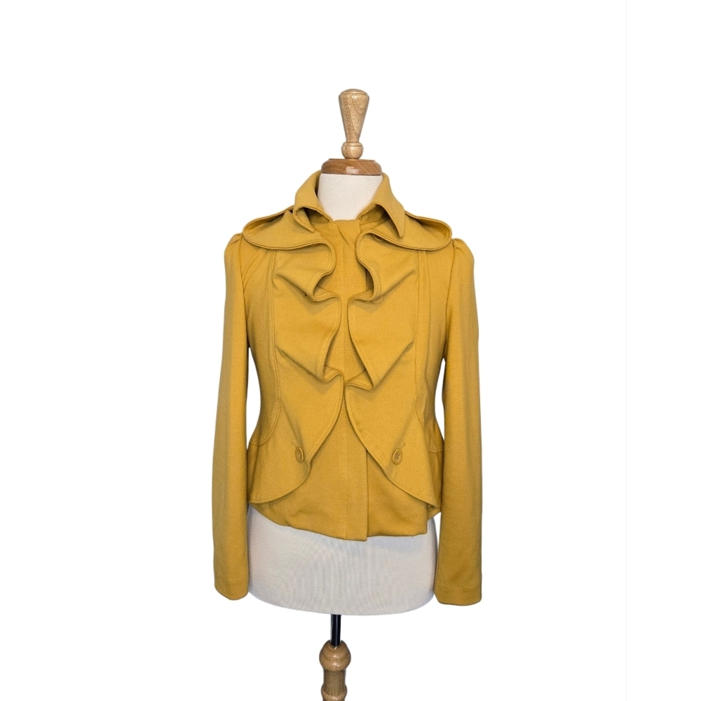 Romantic Vintage Inspired Ruffle Peplum Jacket Mustard Fitted Statement Size‎ 12
